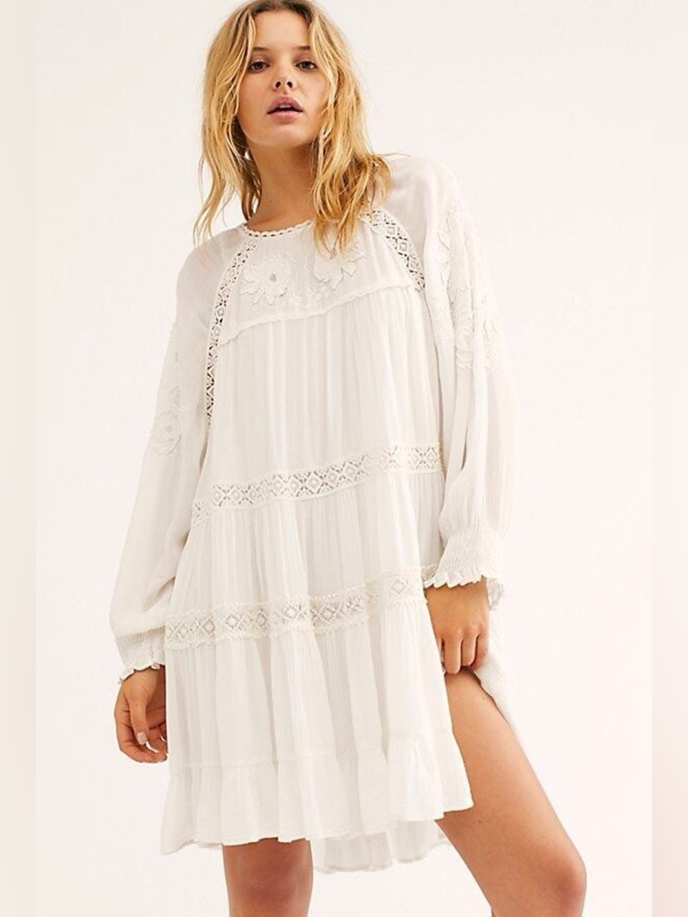 Free People Piece of Your Heart Embroidered Mini Dress Ivory Small Boho Lace